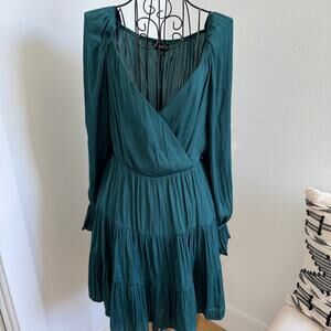 Boutique Forest Green Satin Long Ruffle Sleeve Tiered V- Neck Mini Dress